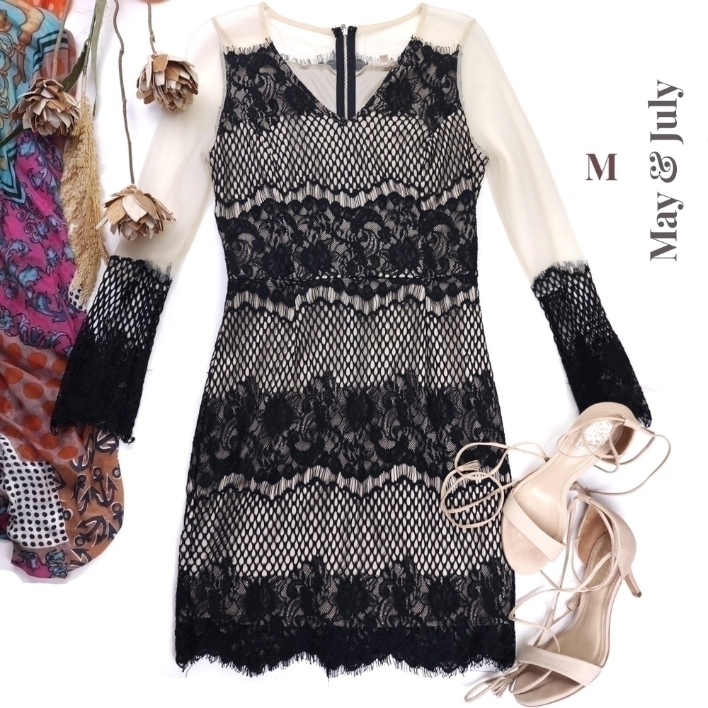 May & July Black Lace Sheer Cream Sleeve Dress Sz M